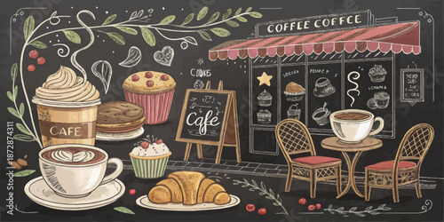 Coffee Shop Vintage Chalkboard Poster featuring Retro Grinder Steaming Mug and Roasted Beans Vector Hand Drawn Graphic Design