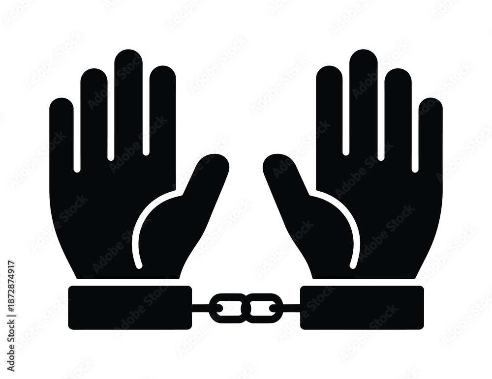 Obraz premium Black vector illustration showing handcuffed hands raised in front