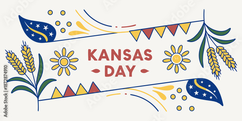 Kansas Day banner with state theme elements in a graphic design style