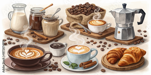 Chalkboard Illustrations Feature Coffee and Breakfast Elements for Morning Cafe and Brunch Restaurant