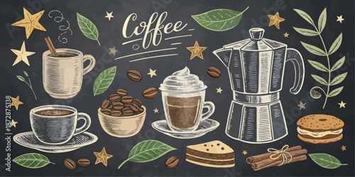 Coffee Shop Chalkboard Illustration Collection with Vintage Espresso Drinks and Hand Drawn Cafe Graphics