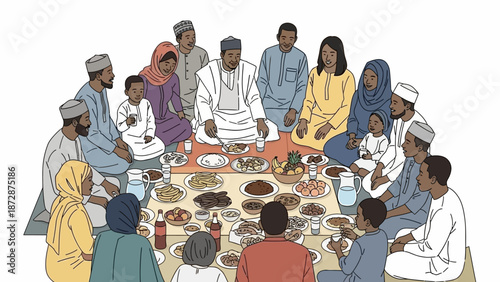 Diverse group gathering around a meal together in a community setting