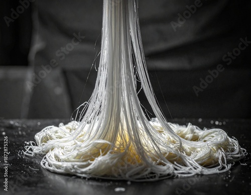 Artisanal Creation: a close-up shot of a hand crafting a delicate, spun candy, showcasing the skill and artistry involved. The candy, formed into fine strands, evokes sweetness and tradition. 