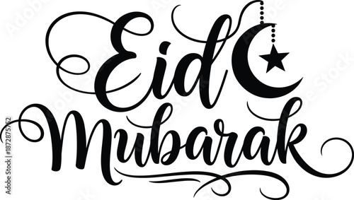 Eid Mubarak elegant hand lettering typography with crescent moon and hanging star for Islamic greeting card designs