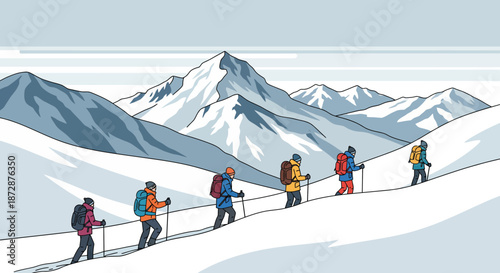 Group of hikers trekking through snowy mountains with backpacks and trekking poles.