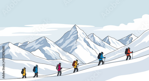 Group of hikers with backpacks trekking on snowy mountain slope.