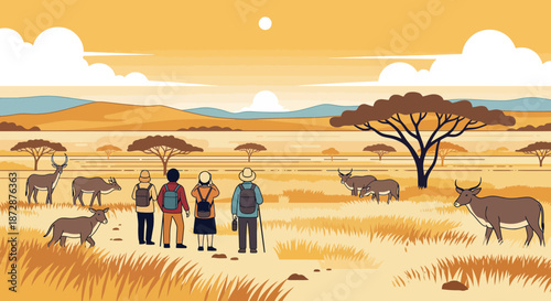 Group of tourists on safari adventure in savannah landscape.