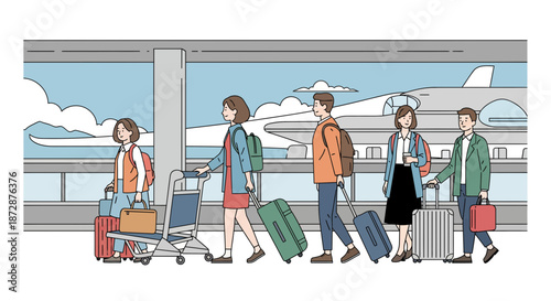 Group of travelers walking through airport terminal with luggage.