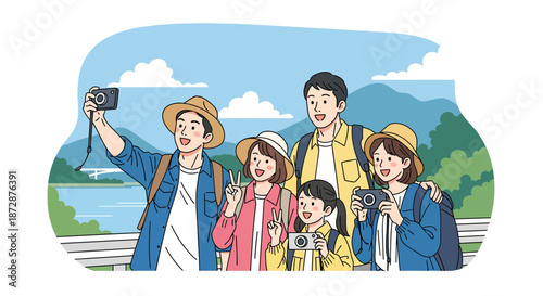 Happy family enjoying a scenic vacation together outdoors.