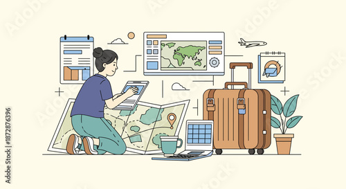 Person planning a trip with map and travel accessories.