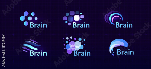 Brain Logo Icon Smart Digital Transformation Symbol AI Artificial Intelligence Computer Neural Science Research Technology. Abstract Creative Future Brains Set Logos Purple Color. Vector Illustration