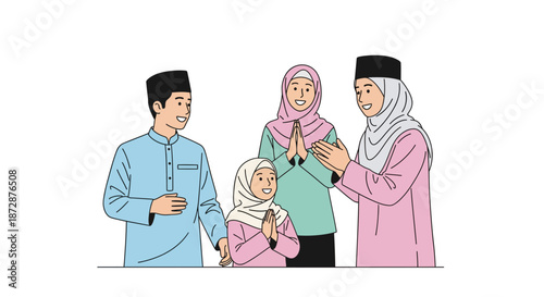 Muslim family with children standing together happily.
