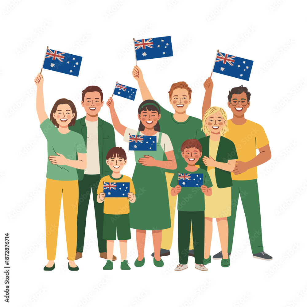 Fototapeta premium Australia Day Family Celebration Vector with Parents and Children Holding Australian Flags on White Background