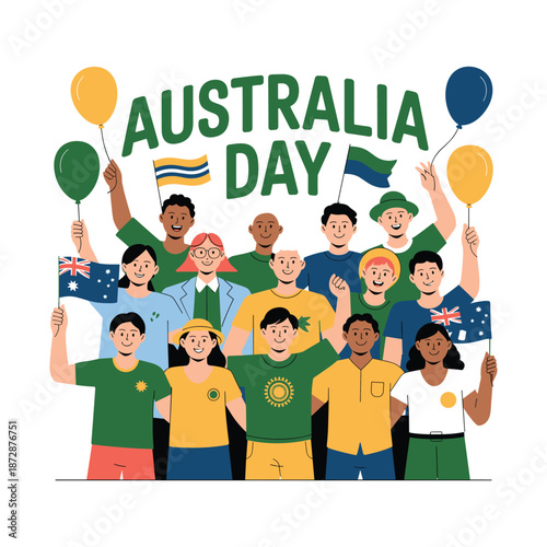 Australia Day Celebration Vector with Diverse Group of People, Balloons and National Pride on White Background