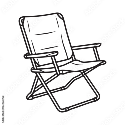 A simple black and white illustration of a foldable camping chair with armrests