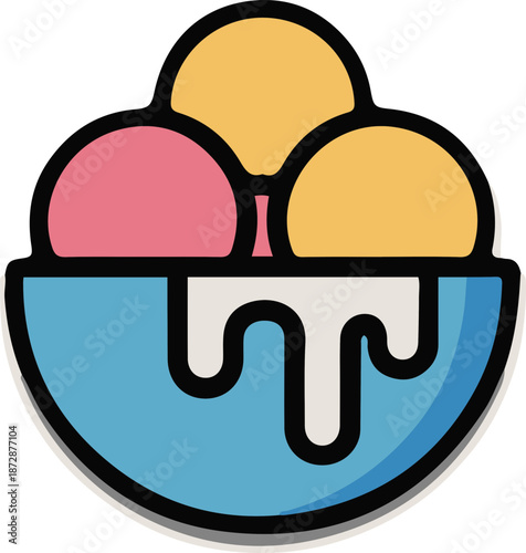 Colorful ice cream sundae icon with three scoops melting into a blue bowl cute minimal dessert logo for cafe menu app sticker kids treat branding summer party poster and social media