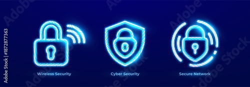 Wireless Security, Secure Connection, Network Security Icons Set. Cyber Security Data Protection Information Neon Logo Collection. Cyber Protection Business Digital Transformation.Vector Illustration.