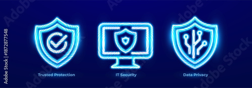 Trusted Protection Verified Security Secure Shield Icons. IT Security Endpoint System Protection Neon Logo. Data Privacy, Personal Protection Icon Set Business Digital Transform. Vector Illustration