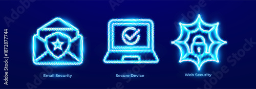 Cyber security email protection secure device web shield icons. Glowing data background for website header, app, IT presentation. Security icons for cyber security products. Vector illustration.