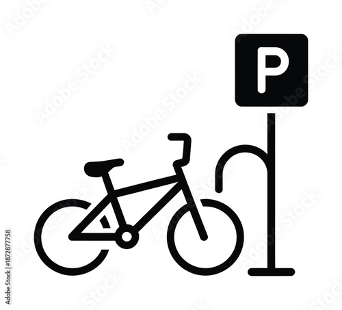 Vector illustration of bicycle parked near a designated parking sign.