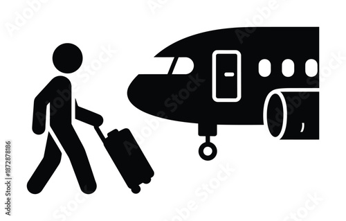 Vector silhouette of traveler boarding airplane with suitcase for journey