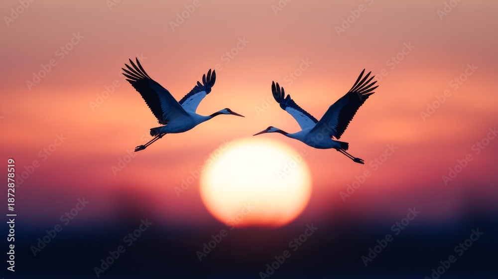 Fototapeta premium Cranes fly against sunset sky. Two cranes are flying in front of a large sun setting in the background. The sky has colors of orange and purple.