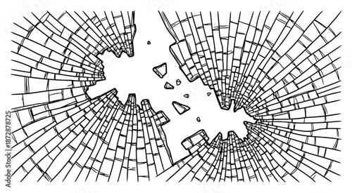 Detailed illustration of shattered glass with a hole and sharp fragments