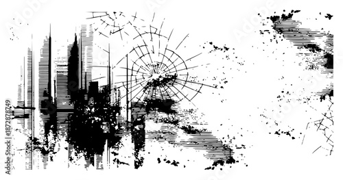 Abstract urban grunge composition featuring city skyline and cracked glass elements