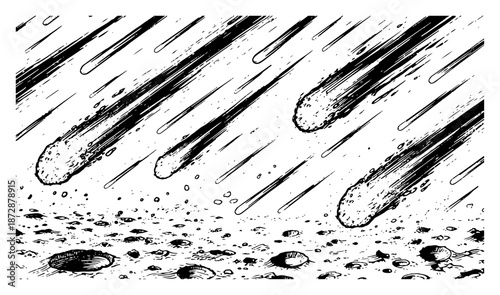Meteor shower rain falling on moon surface with craters in sketch style