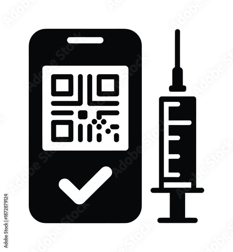 Vector illustration of a smartphone displaying verified QR code with syringe