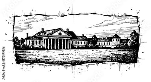 Vintage hand drawn engraving of classic manor house with columns