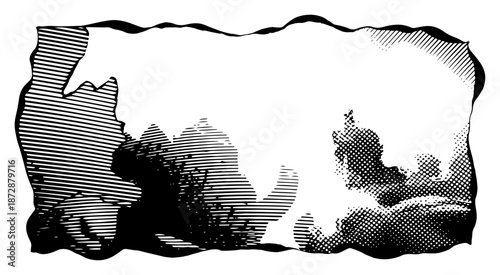 Abstract rectangular shape with irregular wavy edges and various hatching patterns