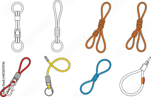Collection Of Colorful Climbing Rope Lanyards And Paracord Keychain Accessories With Metal Rings Carabiners And Knots For Outdoor Gear Isolated Vector Illustration.