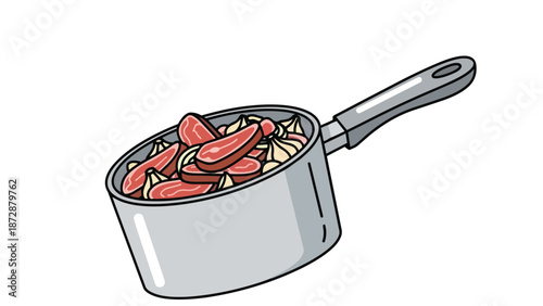 Cartoon depiction of fresh meat slices and onions in a cooking pot, ready for a homemade meal creation.