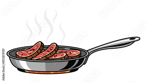 Dynamic illustration of fresh raw meat slices cooking with visible steam emanating from a hot frying pan on a stove top, representing a culinary