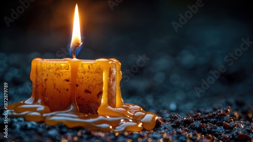 Close-up of a burning candle with melted wax, casting a warm glow in a dark setting, symbolizing remembrance and peace.
