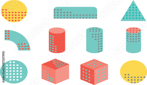 Modern abstract 3D geometric shapes set with halftone dot patterns including colorful cubes cylinders spheres and blocks for creative graphic design and background elements