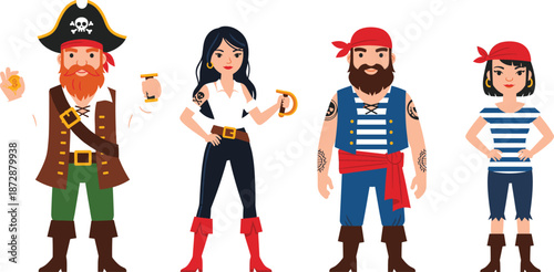 Schilderij op canvas Cartoon Pirate Character Set Featuring Captain With Skull Hat Female Buccaneer Bearded Sailor And Young Girl Marauder Isolated On White Background Vector