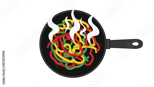 Vibrant bell pepper slices sizzling in a hot pan with rising steam
