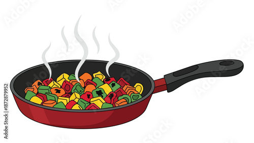 A vibrant blend of freshly diced red, green, and yellow bell peppers actively steaming in a bright red non-stick frying pan, symbolizing healthy