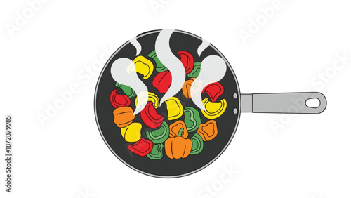 Vibrant bell peppers and assorted vegetables gently simmering in a pan, releasing aromatic steam, depicting healthy culinary preparation for