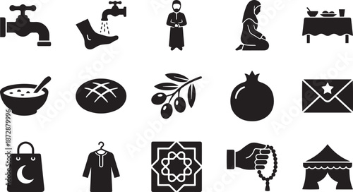 Islamic practices icons set with wudu ablution prayer woman table food soup bread olives pomegranate envelope shopping bag thobe islamic pattern and tasbih beads for ramadan kareem vector design