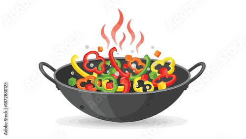 A vibrant illustration of colorful bell peppers and fresh vegetables sizzling in a hot wok with rising steam
