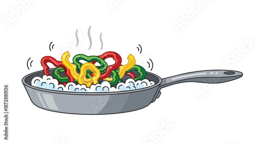 Vibrant bell peppers sizzling in a hot pan, illustrating a delicious cooking process with steam rising, perfect for culinary themes and healthy meal