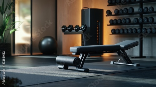 Modern Gym Equipment With Dumbbells And Weight Bench.