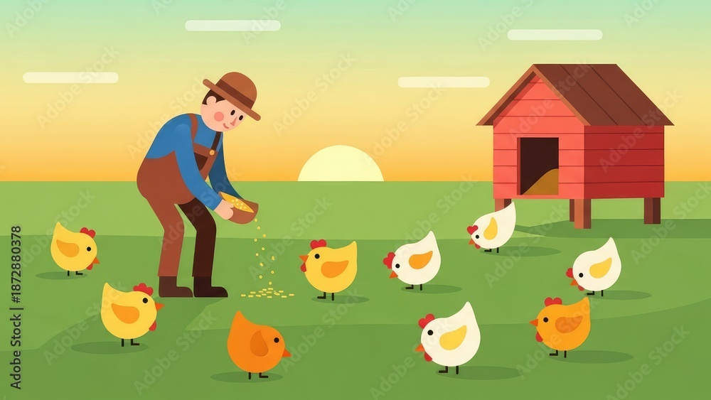 Naklejka premium Farmer Feeding Chickens Spring Farm Scene.jpg