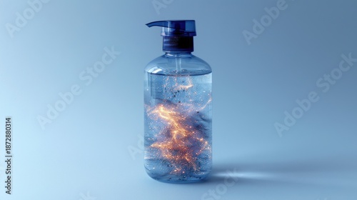 A clear plastic bottle filled with blue liquid and a fiery orange substance inside, against a light blue background.
