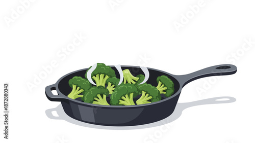 A vibrant green broccoli illustration in a hot steaming pan, ideal for healthy cooking themes, promoting nutritional meal preparations, and modern