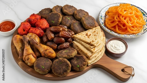Ultimate Ramadan Iftar platter with chicken tikka, shami kabab, paratha, dates and jalebi sweets