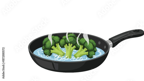 Fresh green broccoli florets boiling in a pan of simmering water creating healthy culinary steam preparation